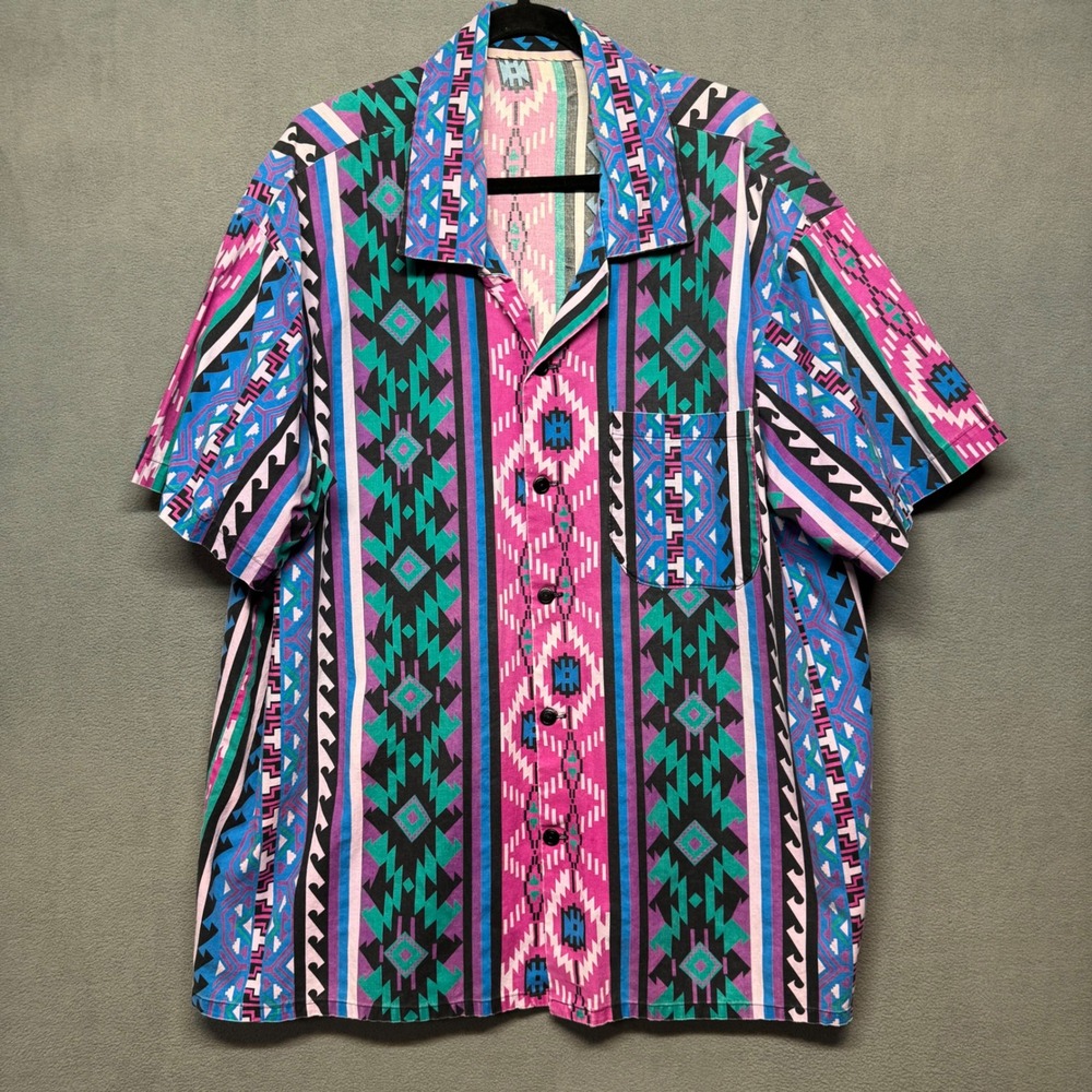 Vtg Handmade Button Up Shirt 90s Aztec Southwestern Pattern Multi-Color Retro - Picture 1 of 14